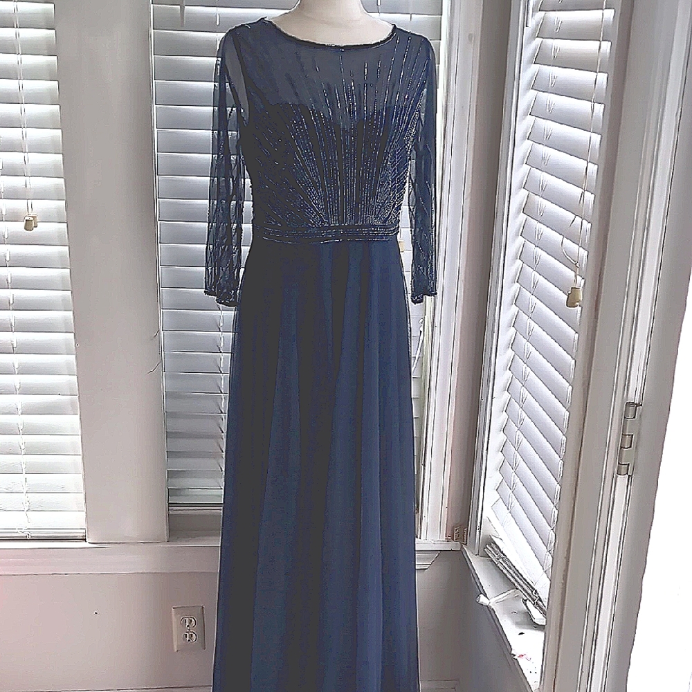 J Kara Navy Beaded Long Sleeve Maxi Dress